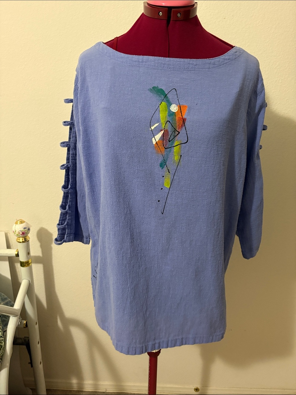 Lulu-B size large blue blouse ladder 3/4 sleeves 72%visose 25%nylon 3%spandex
